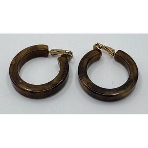 Marbled Root beer Brown Bakelite Hoop Earrings 1.25" Vintage Clip-on